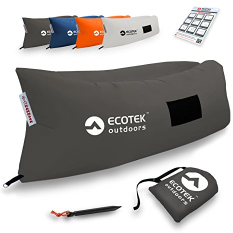 Inflatable Air Hammock Lounge with Premium Ripstop Fabric, Three Elastic Pockets, Aluminum Alloy Stake, Carry Bag, and One Year Warranty - by EcoTek Outdoors (Charcoal)