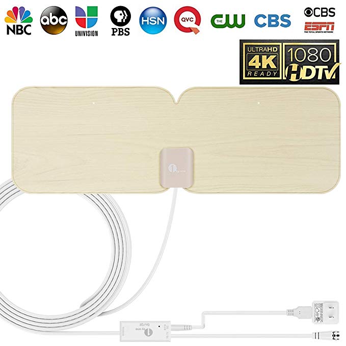 1byone TV Antenna, Amplified HD Digital Antenna for 1080P 4K Free TV Channels, 65 Miles Range with Enhanced UHF VHF Reception, 19.7ft Coaxial Cable