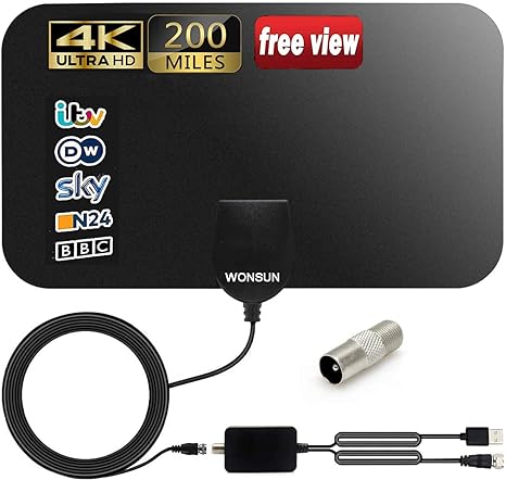 TV Aerial, Digital Indoor TV Aerial for Digital Freeview 4K 1080P HD VHF UHF for Local Channels 150  Miles Range with Signal Amplifier Support All TV's - 14.4 ft Coax Cable