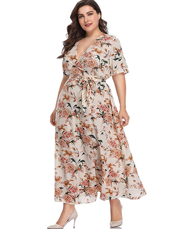 Romwe Women's Plus Size Floral Print Buttons Short Sleeve V Neck Flare Flowy Maxi Dress