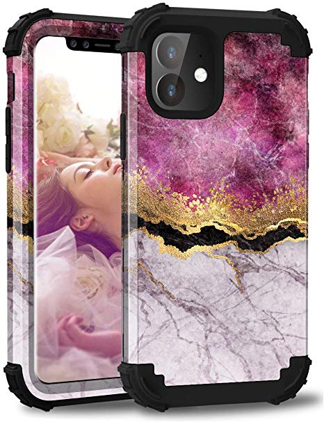 Hocase iPhone 11 Case, Heavy Duty Shockproof Protection Hard Plastic Silicone Rubber Bumper Hybrid Protective Phone Case for iPhone 11 (6.1") 2019 - Purple White Marble