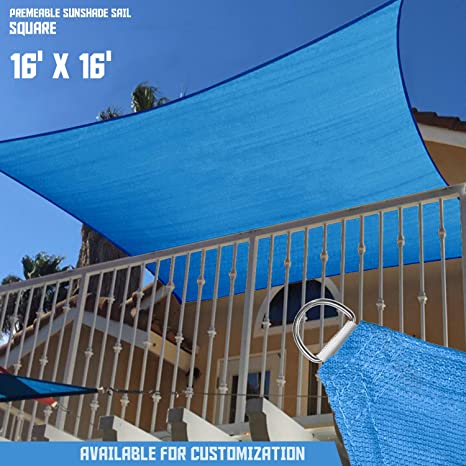 TANG Sunshades Depot 16' x 16' Sun Shade Sail Square Permeable Canopy Blue Customize Commercial Standard 180 GSM HDPE