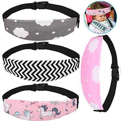 Accmor Baby Carseat Head Support Band Strap 4 Pack for Carseats Stroller Neck Relief Head Strap for Toddler Child Kids Infant(Black Wave   Pink Unicorn  Pink/Grey Cloud Pattern)