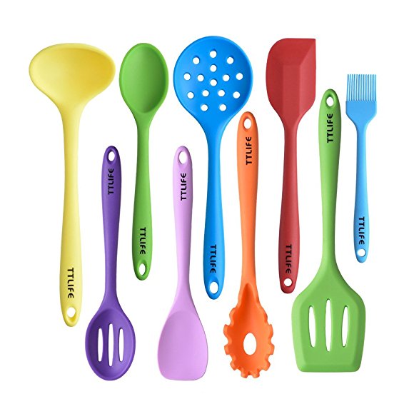 Silicone Utensils Kitchen Colorful 9 Pieces With Turner, Spatula, Soup Ladle,Brush,Long Handle Shovel,Long Spoon,Slotted Spoon,Shovel Spoon,Colander