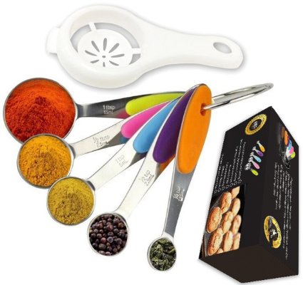BUY THIS NOW And Cook Bake Lip Smacking Delicacies Perfectly! Best Selling Stainless Steel Set of 5 Measuring Spoons In Premium Gift Box   Free Egg Separator, Engraved US And Metric Sizes - Colour Coded - Durable - Space Saver, LifeTime Guarantee!
