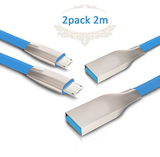 [2-Pack 2m] Ulinek Micro USB Cable Flat Tangle-Free Lightning Data Sync & Charge USB Cable with Zinc Alloy Connector for Samsung, Huawei, Nexus, LG, Motorola, Android Smartphones and More-Blue