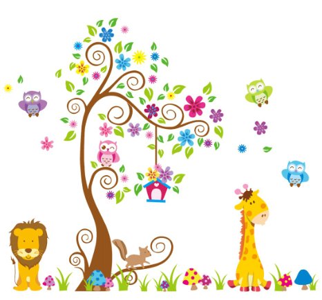 Giant Wall Decals for Kids Rooms Nursery Baby Boys and Girls Bedroom - Peel and Stick Large Removable Vinyl Wall Stickers - 106 Individual Sticker of Tree Cute Animals Owl and Colorful Flowers