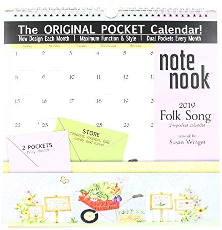 Wells St. by LANG - 2019 Note Nook Organizational Wall Calendar -"Folk Song," Artwork by Susan Winget - 24 Storage Pockets - 12 Months - 11 3/4 x 13 1/4 Inches