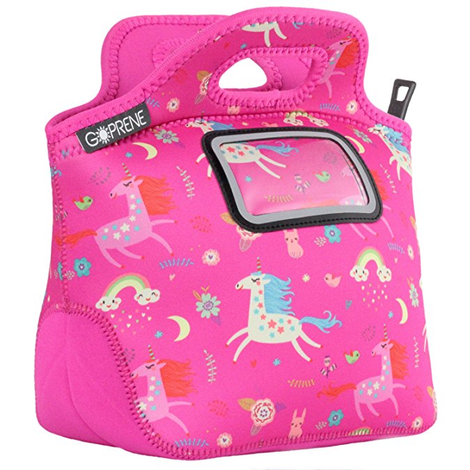 Unicorn Lunch Bag for Girls | with Name Label Pocket | Insulated Neoprene Tote | Cute Pink Rainbow Unicorns | by GOPRENE