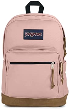 JanSport Right Pack Backpack - School, Travel, Work, or Laptop Bookbag with Suede Leather Bottom with Water Bottle Pocket, Misty Rose