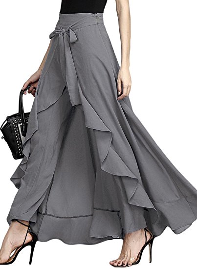 Asvivid Women's Chiffon High Split Tie-Waist Ruffle Long Loose Palazzo Pants Overlay Skirt