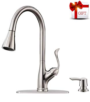 Kitchen Faucet with Pull Down Sprayer and Soap Dispenser - Single Handle Stainless Steel Brushed Nickel High Arc Pull Out Kitchen Sink Faucets with Deck Plate, APPASO K149-BN