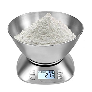 11lb/5kg Stainless Steel Kitchen Scales, Digital Food Scales Electric with 2.15 Liters Mixing Bowl, Backlight LCD Display, Timer Function Silver