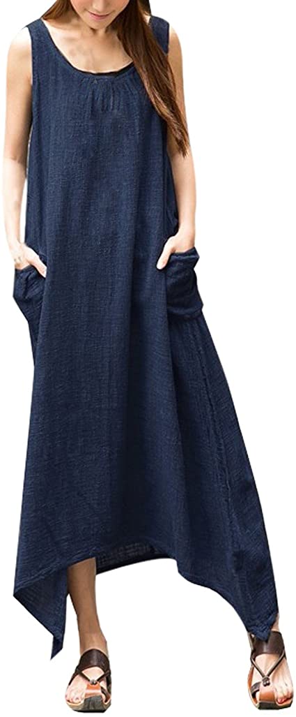 ZANZEA Women's Loose Sleeveless Pockets Irregural Hem A-line Long Maxi Dress Navy US 12