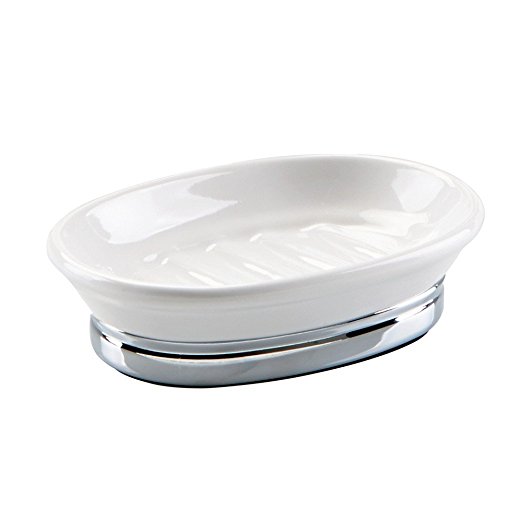 InterDesign York Ceramic Oval Soap Dish Holder for Kitchen, Bathroom Vanities - White/Chrome