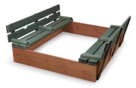 Badger Basket Covered Convertible Cedar Sandbox with Two Bench Seats Cedar Sandbox, Natural/Green, 46.5 x 46.5 x 9.5