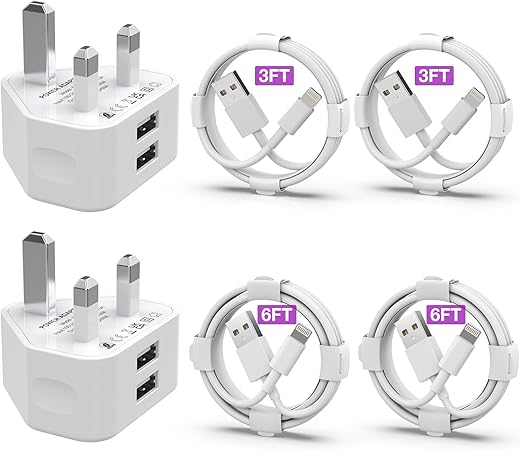 iPhone Charger [MFi Certified] 2Pack Dual USB Wall Plug Adapter UK 2.4A Mains Charger with 4Pack Lightning Cable 3/3/6/6 FT iPhone Fast Charging lead for iPhone 14/13/12/11 Pro Max/S/XS/8/Plus