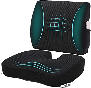 Memory Foam Car Seat Cushion and 3D Mesh Lumbar Support Pillow, Coccyx Orthopedic Seat Cushion for Office Chair Lumbar Support Back Pillow for Reliving Lower Back Pain Tailbone Pain & Sciatica Black