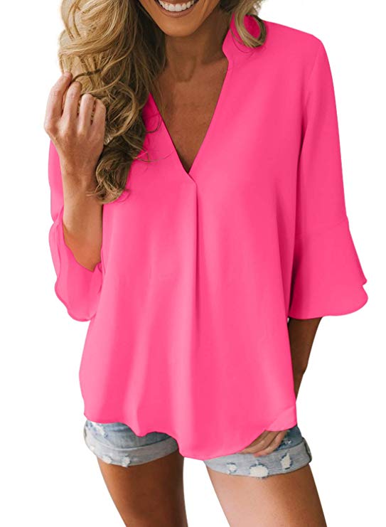 Dokotoo Womens 3 4 Bell Sleeve V Neck Chiffon Tops Casual Solid Blouse Loose Shirts S-XXL