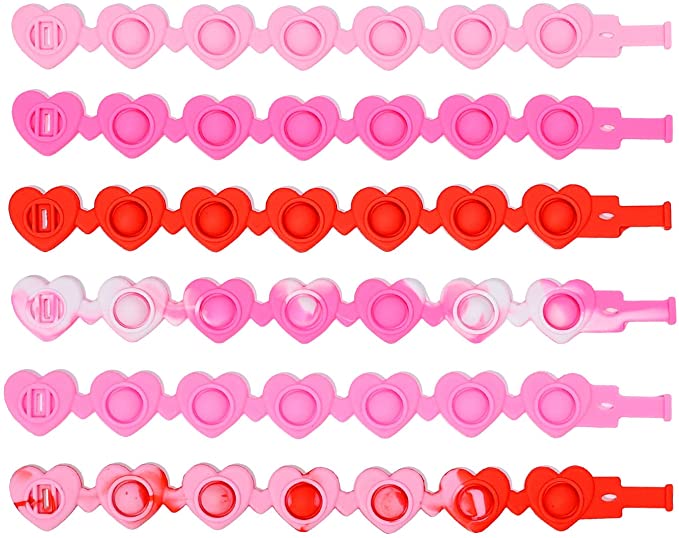 Maemukilabe Push Pop Bubble Bracelet Valentine Finger Press Wristband Fidget Toys, Wearable Autism Stress Reliever, Sensory Heart Toy for Kids and Adults (Pink Series , 6pcs)
