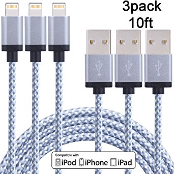 Sundix 3 Pack 10FT Extra Long Nylon Braided Lightning to USB Sync Cable Cord Charger Compatible with iPhone 7/7 plus, iPhone 6/6s/6 plus/6s plus, 5c/5s/5, SE, iPad /iPod(White)
