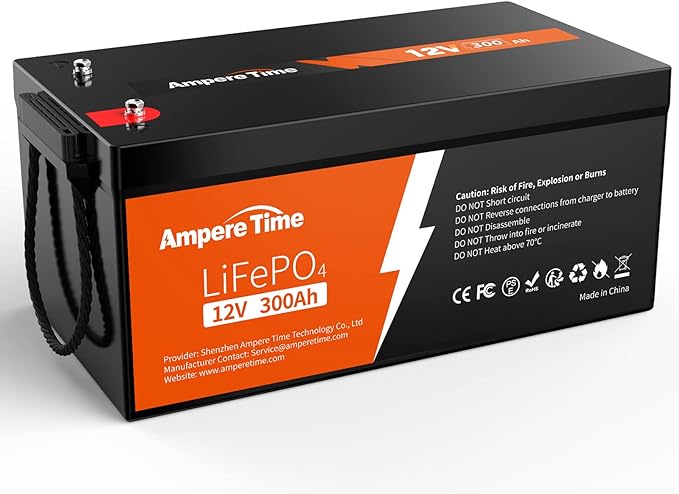 Ampere Time 12.8V 300Ah Lithium LiFePO4 Battery, 4000-15000 Deep Cycles Rechargeable Iron Phosphate Battery, Built-in 200A BMS, Perfect for RV, Solar Power, Marine, Backup Power, etc.