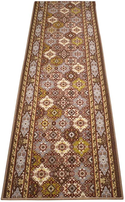 RugStylesOnline Custom Size Runner Bakhtiari Persian Design Roll Runner 26 Inch Wide x Your Length Size Choice Slip Skid Resistant Rubber Back (Taupe Blue Multi Color, 15 ft x 26 in)