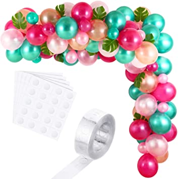 117 Pieces Tropical Balloons Garland Kit, Hawaiian Luau Flamingo Theme Balloon Arch Garland with 12 Palm Leaves, 16.4ft Balloon Chain and 100 Dot Glue for Wedding Birthday Summer Party Supplies