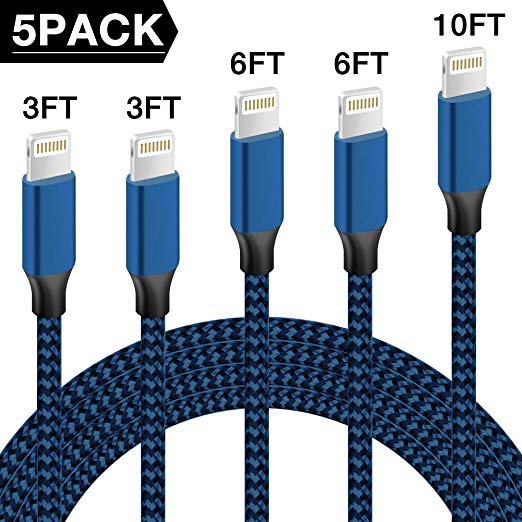 Binecsies iPhone Charger,MFi Certified Lightning Cable 5 Pack [3/3/6/6/10FT] Extra Long Nylon Braided USB Charging & Syncing Cord Compatible iPhone Xs/Max/XR/X/8/8Plus/7/7Plus/6S/6S Plus/SE/iPad