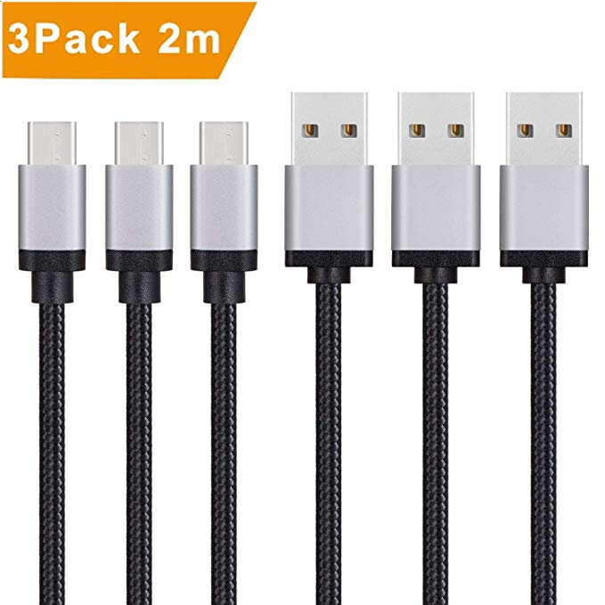 USB C Cable, Type-c Cables 3pack 2m X-cords Nylon Braided Charging Cable with Reversible Connector for New Apple Macbook,Samsung S8/S9,Huawei P9/P10,Google Pixel,Nokia N1 Tablet, Nexus 6P, 5X, OnePlus 2, Lumia 950/950xl, ChromeBook Pixel-Black