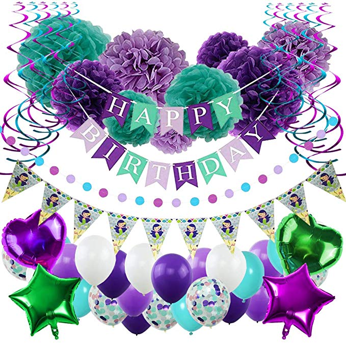 YINVA Mermaid Party Supplies Birthday Party Supplies for Girls 65 Pack Including “Happy Birthday” Banner Foil Balloons Paper Pom Poms Confetti Balloon for Kid's Baby Shower Party Decorations