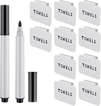 12 Pieces Basket Labels Clip on Set, Include 10 Pieces Kitchen Clip Label Holder Removable Pantry Basket Labels with 2 Pieces Black Chalk Marker for Storage Bins Organization Box (White)