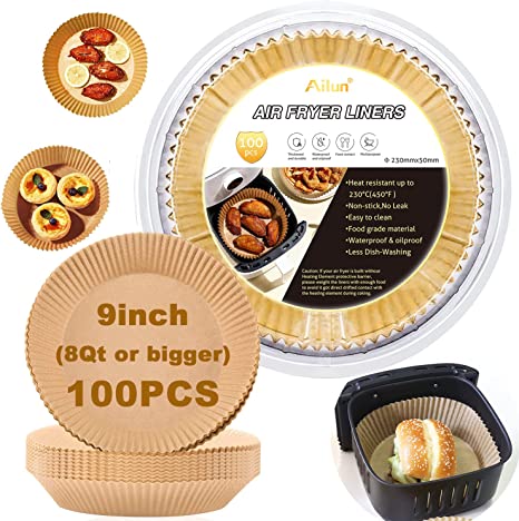 Ailun 9inch Round Air Fryer Disposable Paper Liners, 100PCS Non-Stick Air Fryer Parchment Liner, Oil Resistant, Waterproof, Food Grade Baking Paper for 5-10 QT Air Fryer Baking Roasting Microwave