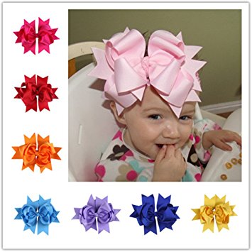 Bzybel 12 Pcs Little Girl's 7.5" Boutique Spike Big Hair Bow Clips Grosgrain Ribbon Alligator Clips Headwear with Free Crochet Headbands for Baby Shower Gift 12 Colors