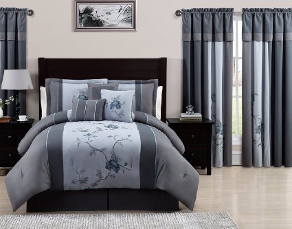 Chezmoi Collection 7-Piece Embroidered Floral Bed in a Bag Comforter Set, King, Gray Blue