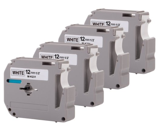 4PK Onirii Black on White Label Tape (M231 Mk231 M-k231), 12mm Wide X 8m Length 1/2, Compatible Brother P-touch Printing Machines&makers