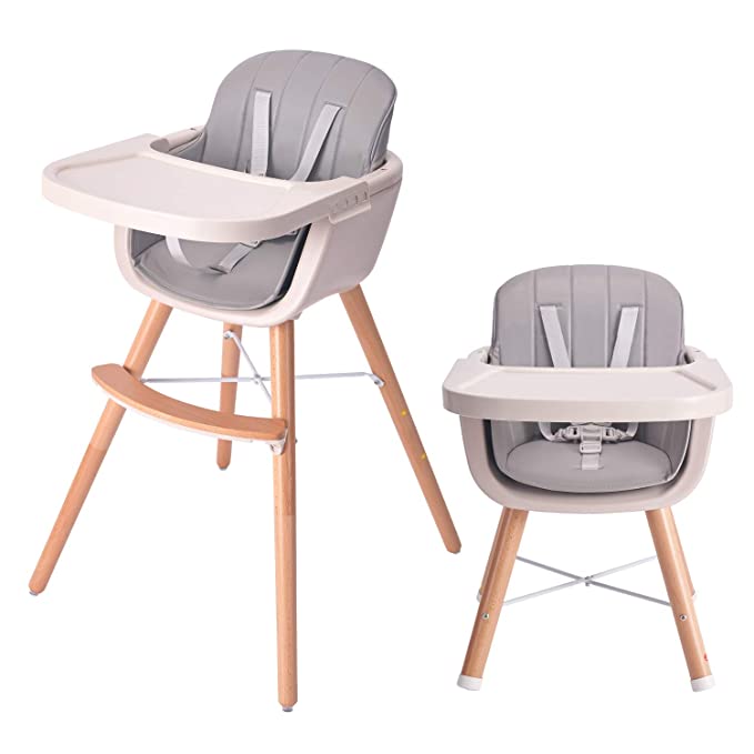 HAN-MM Baby High Chair with Removable Gray Tray, Wooden High Chair, Adjustable Legs, Harness, Feeding Baby High Chairs for Baby/Infants/Toddlers Style 2 Grey