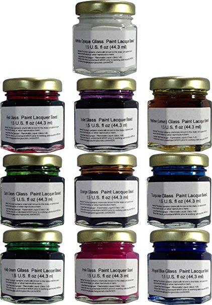 Permanent Glass Paint Lacquer Stain Kit, 10 Pack, 1.5-ounce Professional Stained Glass Finish