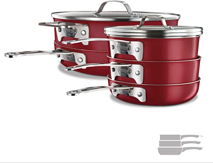 Gotham Steel STACKMASTER Pots Stackable 10 Piece Cookware Set Ultra Nonstick Cast Texture Coating Includes Fry Pans, Red