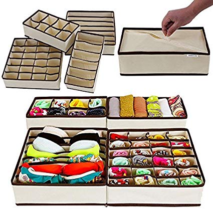 House of Quirk Foldable Fabric Drawer Dividers (30 cm x 35 cm x 10.01 cm, Set of 4, Beige)