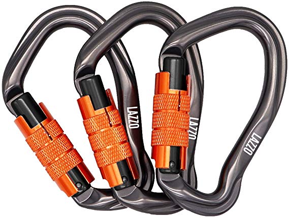 LAZZO 3 Pack Twist Lock Climbing Carabiner Clips, Auto Locking and Heavy Duty, Perfect for Climbing and Rappelling, Carabiner Dog Leash, D Shaped 4.21 Inch, Large Size