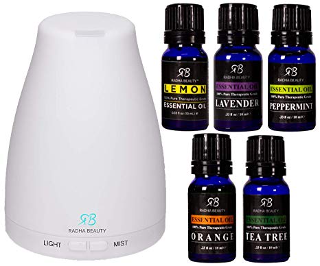 Radha Beauty Simply Clean Set - 120ml Aromatherapy Auto Shut-off Diffuser with Lavender, Peppermint, Tea Tree, Orange, Lemon Essential Oils. 100% Natural Gift Set for Relaxation, Home, Meditation
