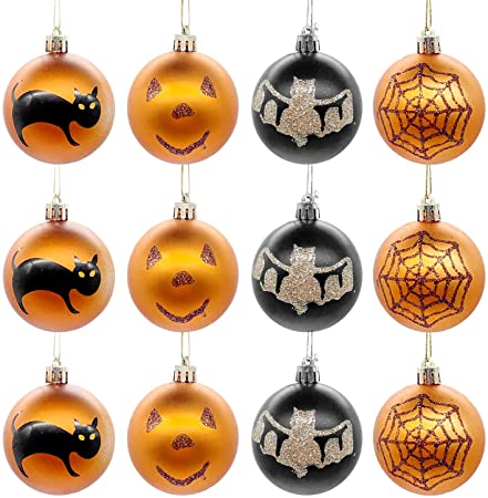 Deloky 12 PCS Halloween Hanging Balls-Halloween Pumpkin Bat Spider Web Shatterproof Ball for Halloween Wreath Ornaments and Party Decoration (12pcs Pattern Ball)