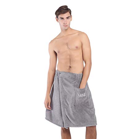 Towel Master Men's Wrap Towel,Spa Shower Shorts and Cotton Bath Towel Wrap with Pocket and Snap(Grey)
