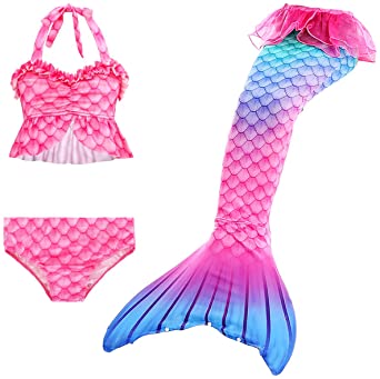 Tsyllyp 2020 New Girls Swimsuit Mermaid Tails for Swimming Princess Bikini Bathing Suit 3PCS Set for 3-12Y(No Monofin)