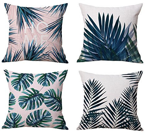 Modern Tropical Leaves Series Cotton & Linen Burlap Square Throw Pillow Covers, 18 x 18 Inches, Set of 4 (Tropical Leaves)