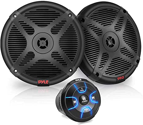 6.5'' Dual Marine Speakers Kit - Waterproof-Rated w/Amplified Bluetooth Remote Control Receiver for Powersport Vehicles, IP65 Marine Grade Rating, 600 Watt Max Power - Pyle PLMRKT8