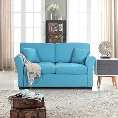 Divano Roma Furniture Classic and Traditional Ultra Comfortable Linen Fabric Loveseat - Living Room Fabric Couch (Blue)