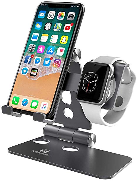 Adjustable Cell Phone Stand, ToBeoneer Tablet Holder, 2 in 1 Dual Angle Universal Desktop Phone Watch Charging Station Dock for Mobile Phone iPhone iPad Tablet All Apple Watch (Gray)