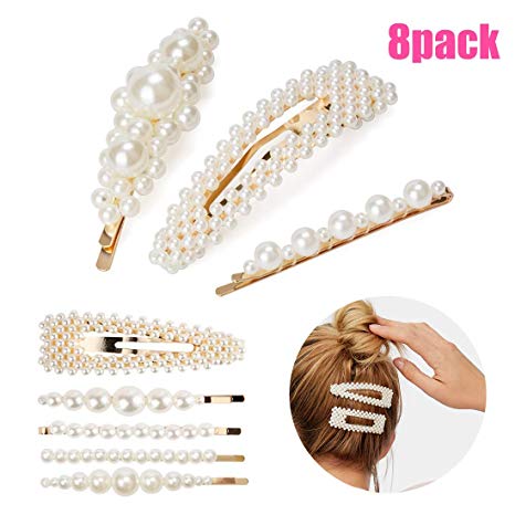 Pearl Hair Clips Set for Women Girls, 8pcs Clips/Ties/Bows for Valentines Day Birthday Gifts Hair Accessories